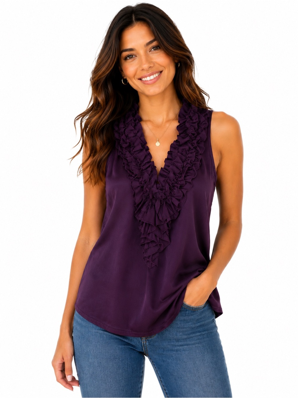 New York & Co top, sleeveless ruffle‎ front, Size S